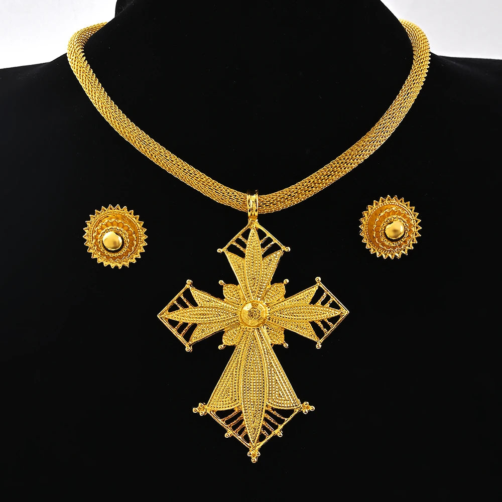 Saudi Arabia 24K Gold Color Ethiopia Women Jewelry Necklace Earring African Arab Bridal Set Habesha Eritrea Party Gift