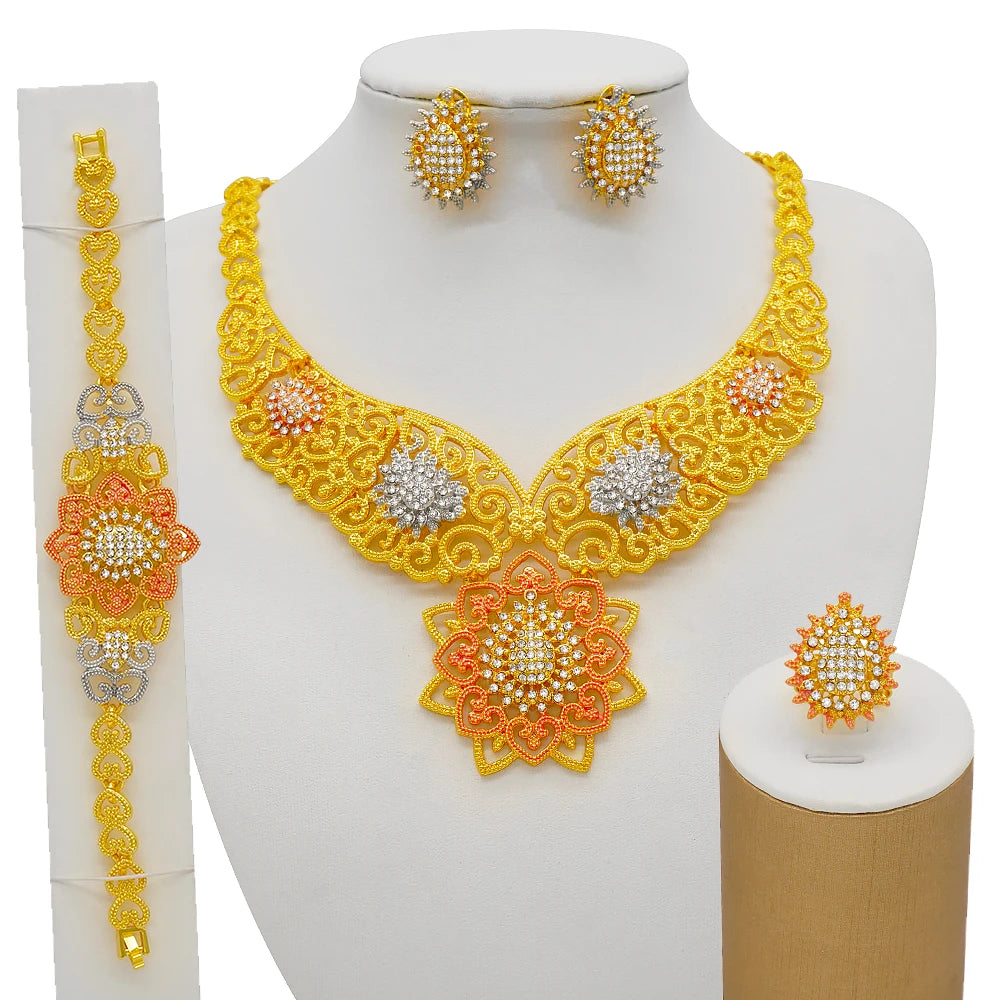 Necklace Sets For Women Dubai African Gold Color Jewelry Set Bride Earrings Rings Indian Nigerian Wedding Jewelery Set Gift