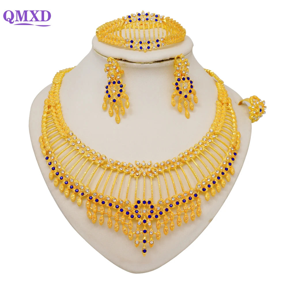 Trendy Nigerian Dubai Gold Color Jewelry Set For Women Tassel Long Chain Bridal Long Necklace Bracelet Earring Ring Wedding Sets
