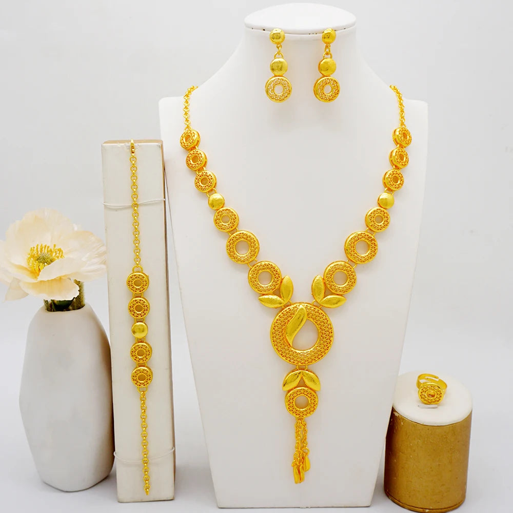 Arabic Women Gold Color Jewelry Sets Featured Round Pendant Earrings Rings Bracelets Suitable for Wedding Banquets Parties