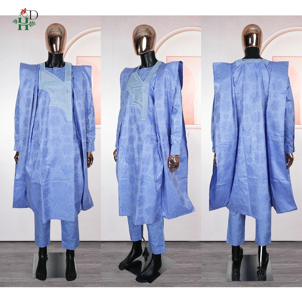 African Clothes Embroidery Blue Gown Plus Size For Men Elegant Party Wedding Thobe 3 PC Top and Pants Suits Set Daily Wear 2025