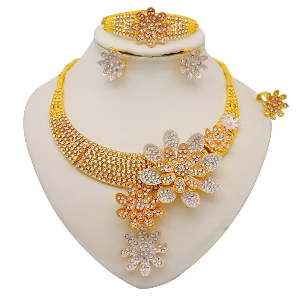 Dubai Gold Color Jewelry Set For Woman Bridal Nigerian African Long Chain Necklace Earrings Bracelet Ring Jewellery Set