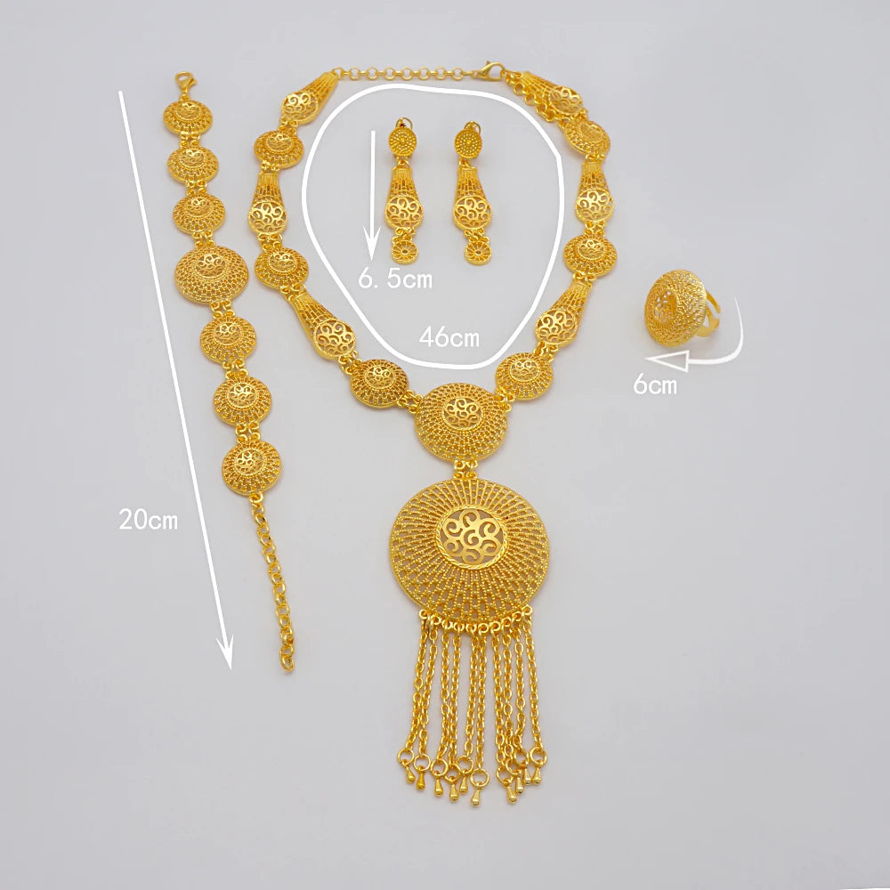 Trendy Nigerian Dubai Gold Color Jewelry Set For Women Tassel Long Chain Bridal Long Necklace Bracelet Earring Ring Wedding Sets