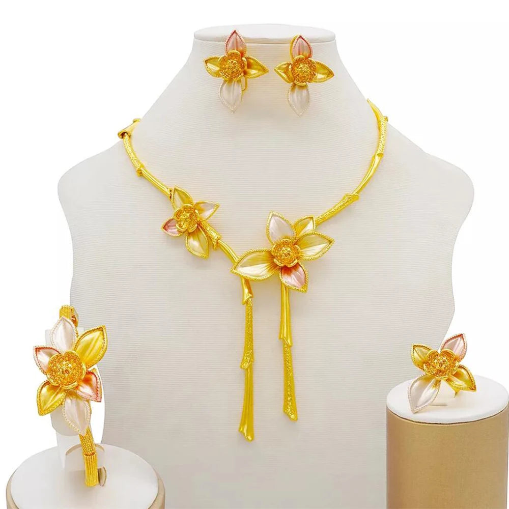 Nigeria Dubai Gold Color Fine Flowers Jewelry Sets African Wedding Gifts Party For Women Bracelet Necklace Earrings Ring Set