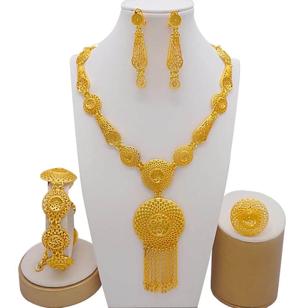 Necklace Sets For Women Dubai African Gold Color Jewelry Set Bride Earrings Rings Indian Nigerian Wedding Jewelery Set Gift