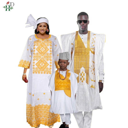 H&D Family Matching African Wedding Outfits For Husband and Wife Bazin Riche Robes Custom Couple Dashiki Set Boy Kid white Dress