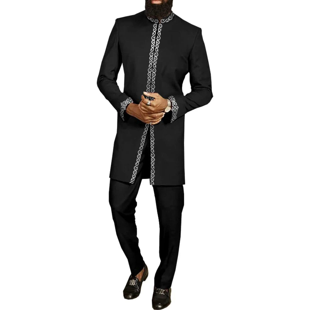 2026 Men's Elegant Long Sleeve Suit Shirt Pants 2-piece Round Neck Stitching Solid Color Party Long Sleeve African Ethnic Style