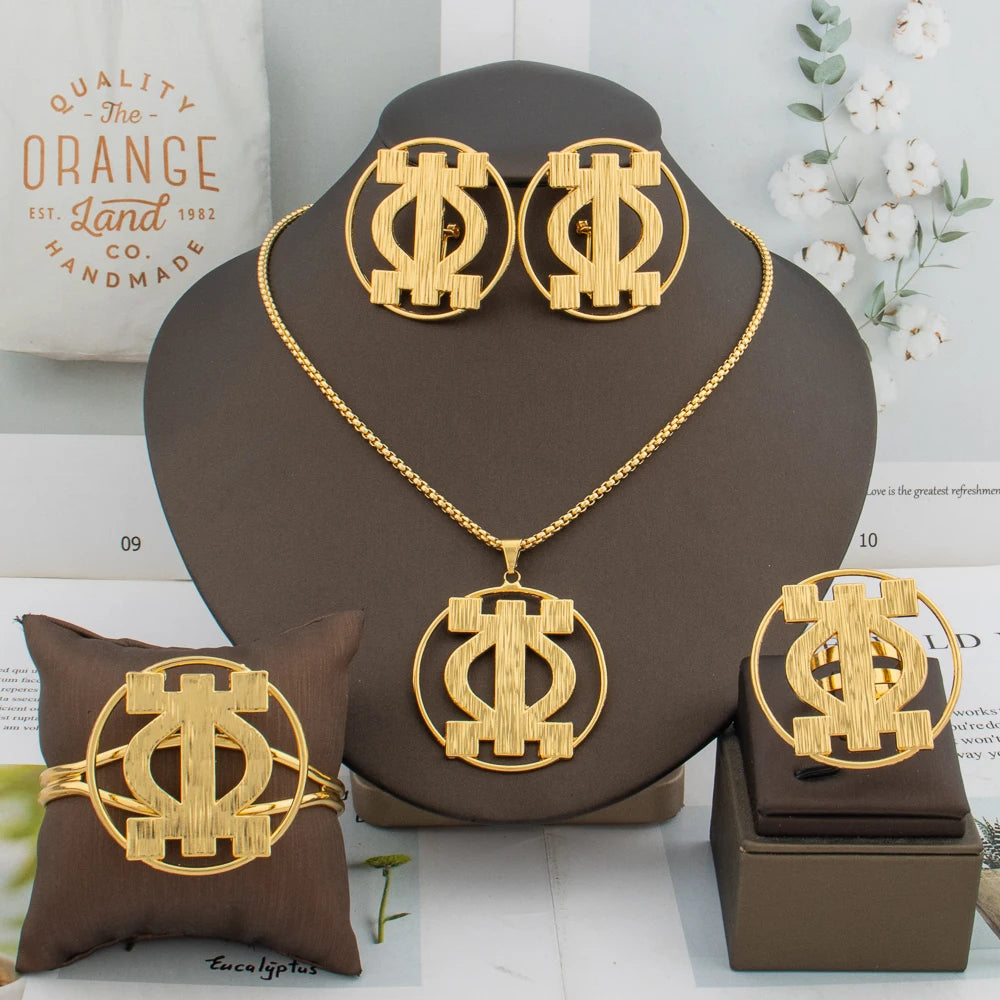 African Women Elegant Gold Color Clip Earrings Round Bracelet Design Irregular Hollow Earrings Necklace 4PCS Party Jewelry Gift