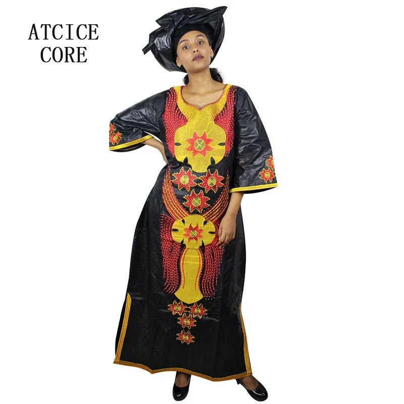 African Dresses For Woman Bazin Riche Embroidery Desing Long Dress With Scarf 2 Piece Set
