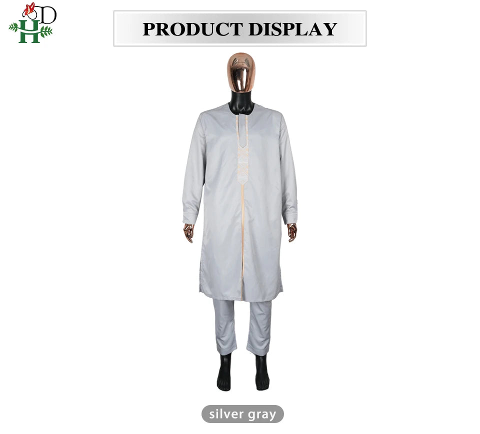 H&D African Agbada Robe Men 2 Pieces Set Embroidery Dashiki Shirt Africa Clothes Long Sleeve Cover Tops Pants Suit Robes Outfit