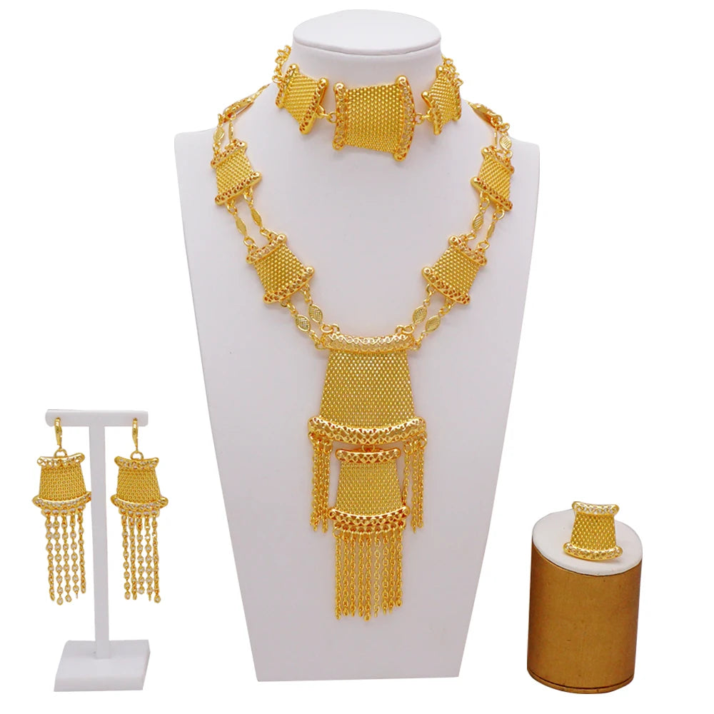 Dubai Gold Color Jewelry Set For Woman Bridal Nigerian African Long Chain Necklace Earrings Bracelet Ring Jewellery Set
