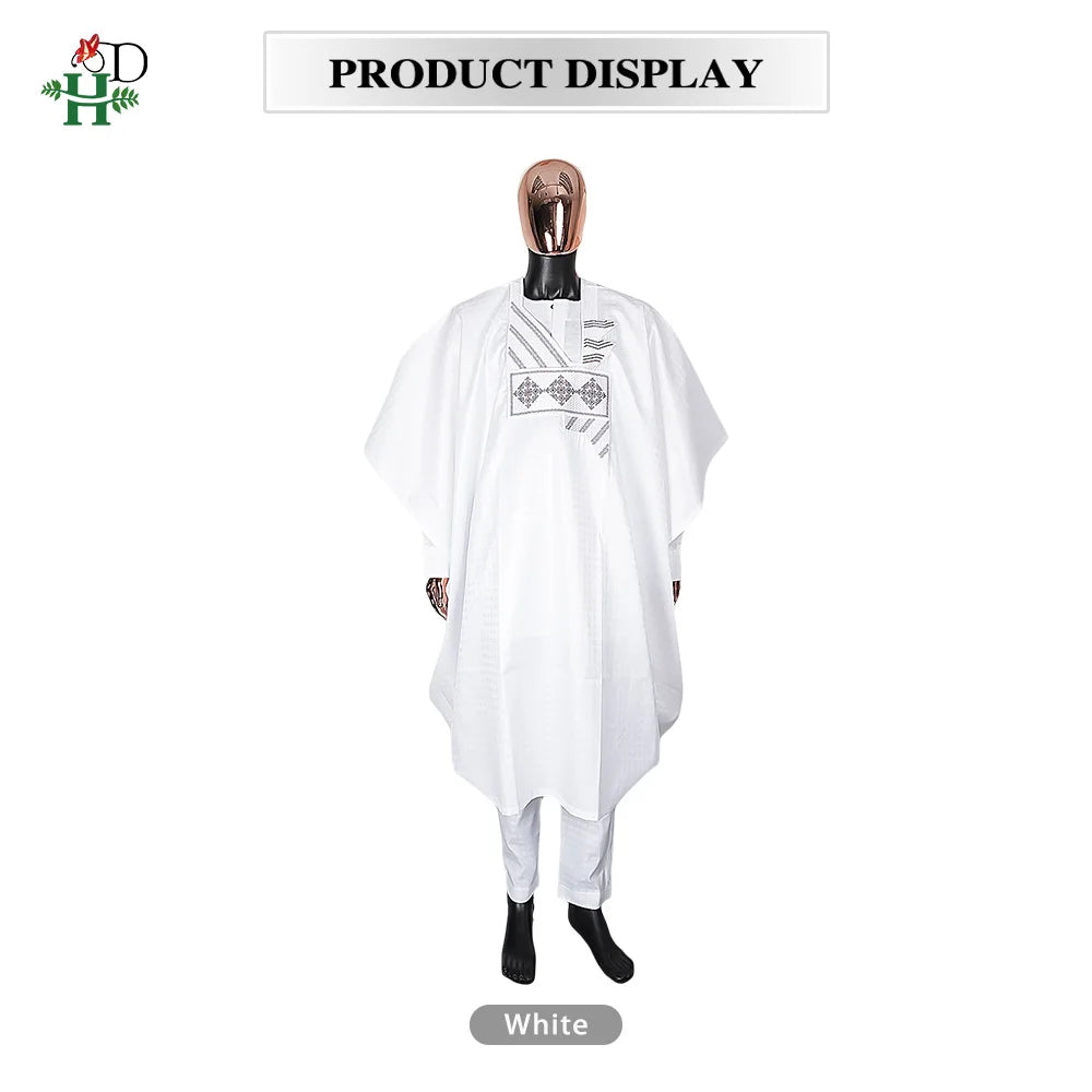H&D African clothes For Men Embroidered Robes Dashiki Shirt Pants 3PCS Set Muslim Ramadan Thobe Wedding Festivals Christmas Gown