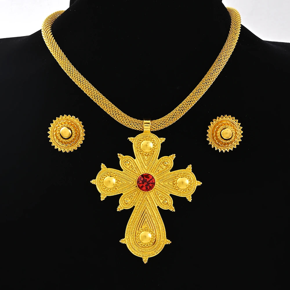 Saudi Arabia 24K Gold Color Ethiopia Women Jewelry Necklace Earring African Arab Bridal Set Habesha Eritrea Party Gift