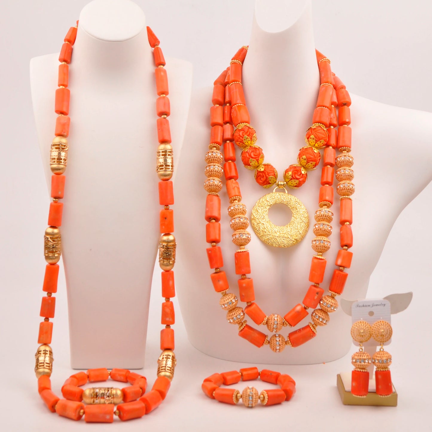 Orange Nigerian Artificial Coral Bead Necklace African Jewelry Sets