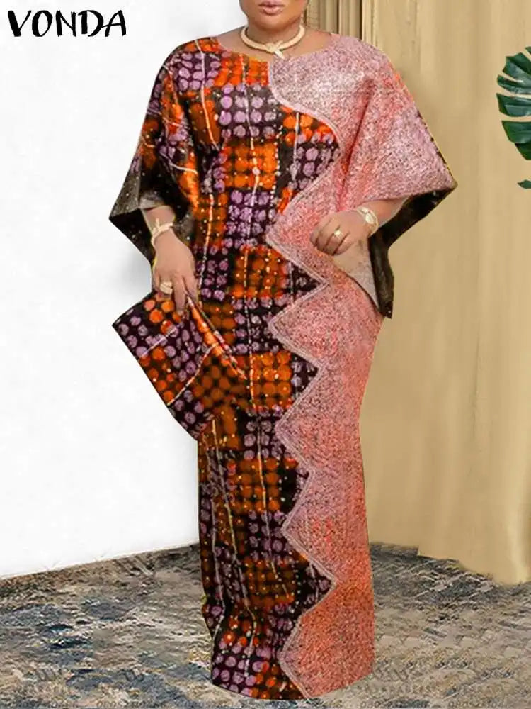 Plus Size VONDA Women Party Dress 2024 Bohemian Printing Sundress Casual Loose 3/4 Sleeve Robe Vintage Bat-wing Sleeve Vestidos