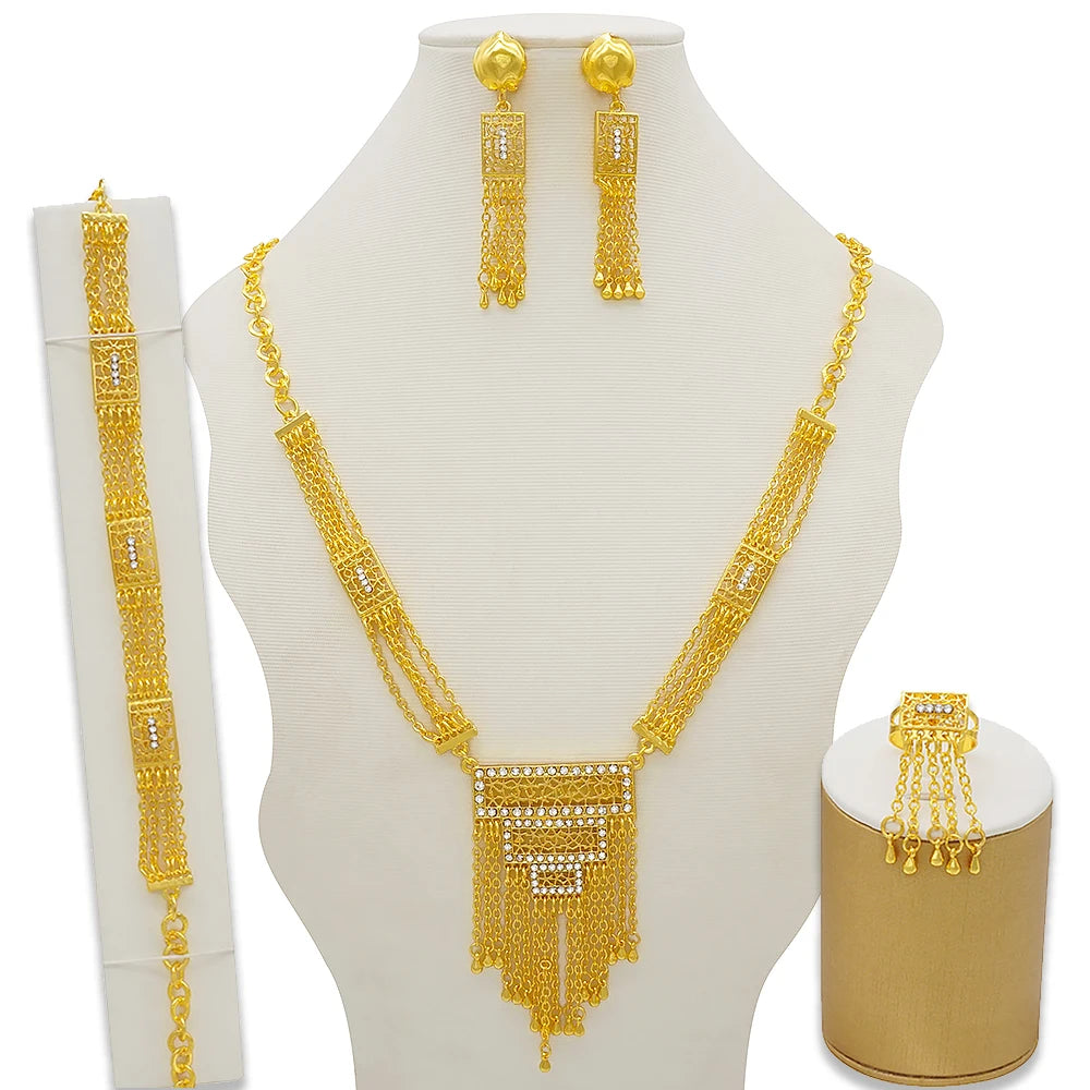 Dubai Gold Color Jewelry Set For Woman Bridal Nigerian African Long Chain Necklace Earrings Bracelet Ring Jewellery Set