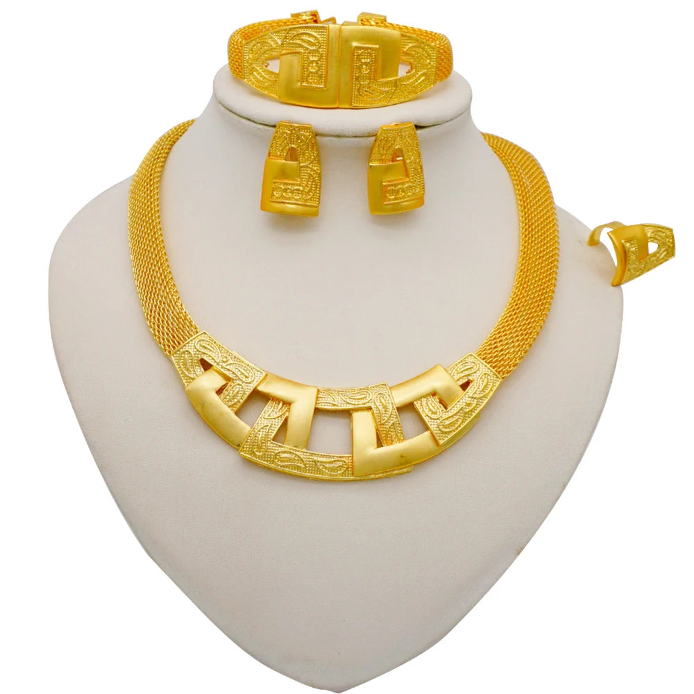 Nigeria Dubai Gold Color Fine Flowers Jewelry Sets African Wedding Gifts Party For Women Bracelet Necklace Earrings Ring Set