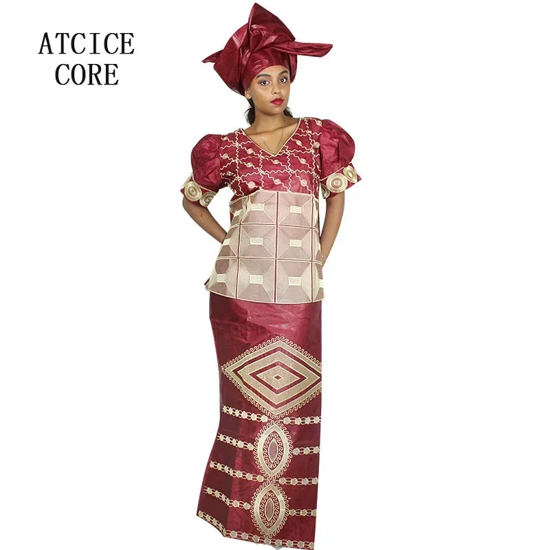 African Dresses For Woman Bazin Riche Embroidery Design Big Size Top Wrapper Scarf