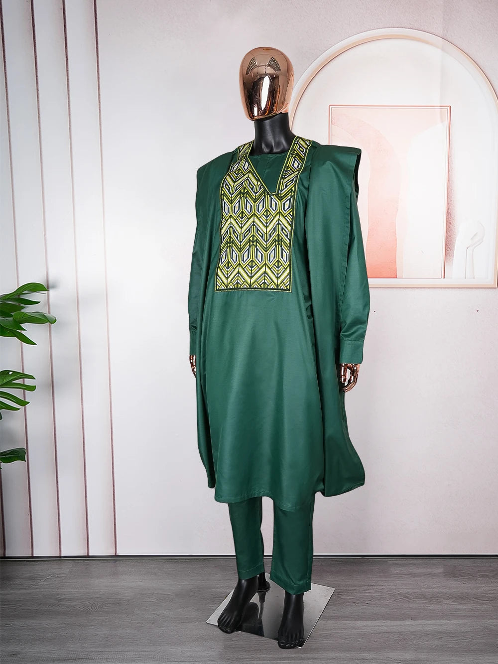 H&D African Clothes for Men Traditional Wear Formal Bazin Riche Dashiki Outfits Green Shirt Pants Robe Suit African Men Agbada