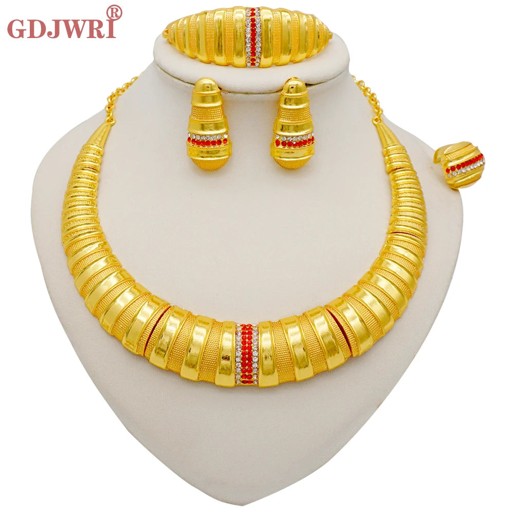 Necklace Sets For Women Dubai African Gold Color Jewelry Set Bride Earrings Rings Indian Nigerian Wedding Jewelery Set Gift