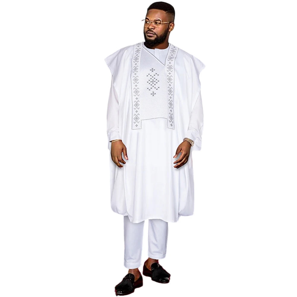 H&D African Clothes for Men White Tradition Wedding Party Clothing Robe Embroidery Shirt Pants 3 Pcs Set Dashiki Agbada Ramadan