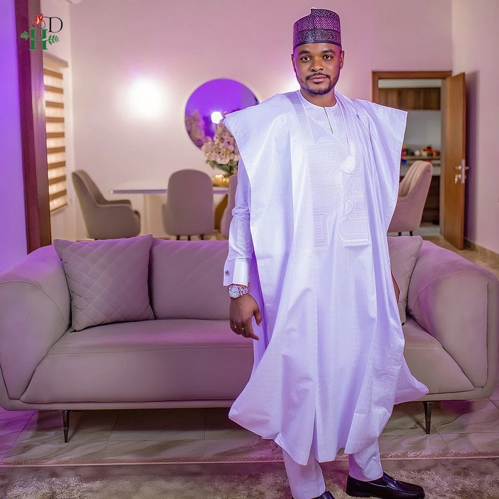 African Clothes Embroidery Bazin Riche Bubu Gown For Men Church Party Wedding Thobe 3 PC Top and Pants White Suit Set Daily Wear