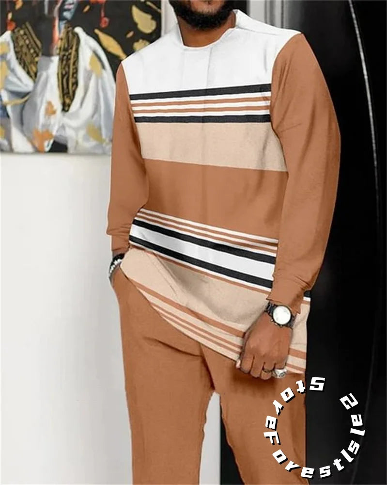 Men Tracskuit Set 2-piece Striped 3D Printed Casual Walking Suit Fashion Streetwear Long Sleeve T-Shirt Trousers Outfits