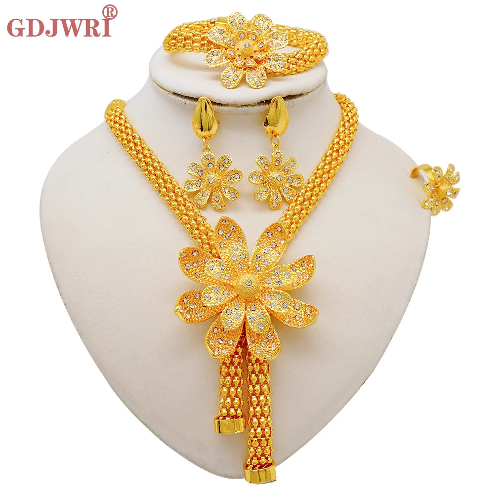 Nigeria Dubai Gold Color Fine Flowers Jewelry Sets African Wedding Gifts Party For Women Bracelet Necklace Earrings Ring Set