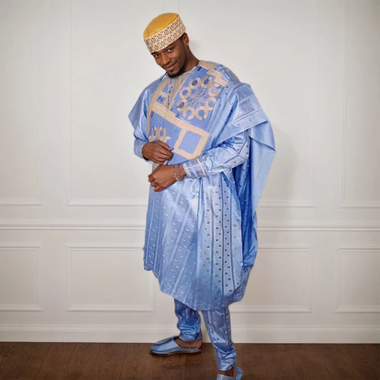 H&D African Traditional Muslim Ramadan Embroidery Wedding Party Thobe Bazin Riche Outfits 3PCS Robe Suit No Cap For Men Agbada