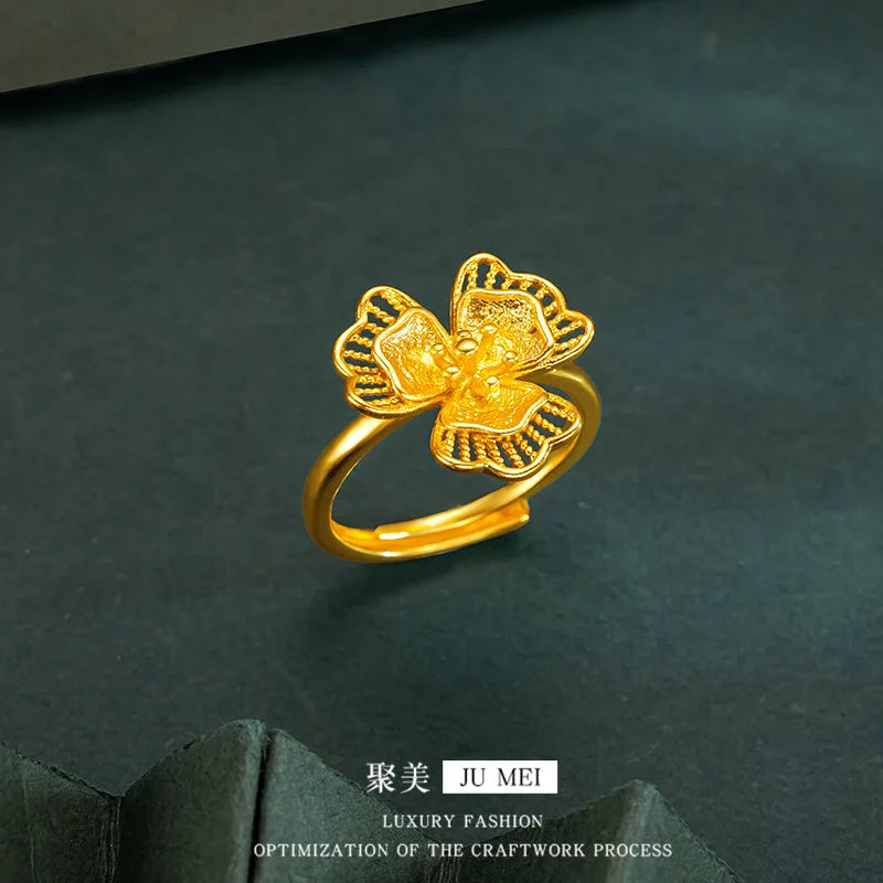 Luxury 24K 9999 Pure Gold real gold Gold Store Same Petal Tassel Lilac Set Chain Bracelet Women's Engagement Ring Bracelet