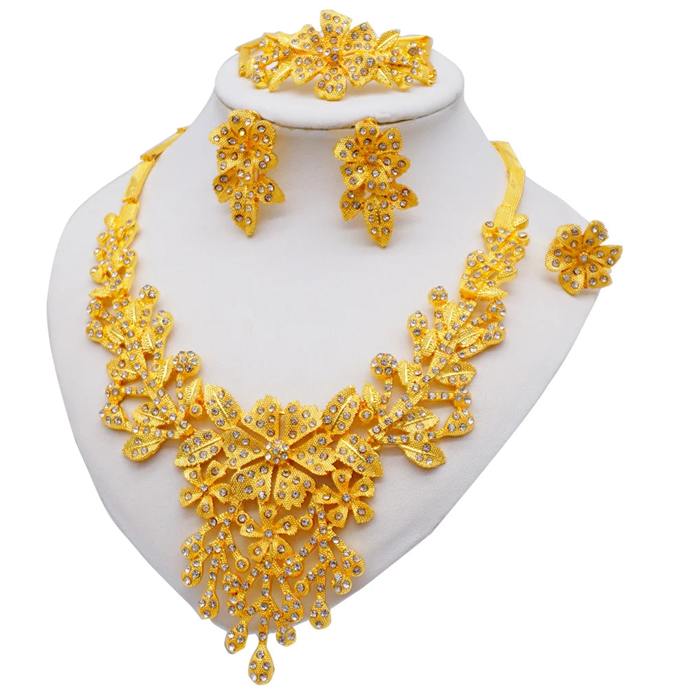Nigeria Dubai Gold Color Fine Flowers Jewelry Sets African Wedding Gifts Party For Women Bracelet Necklace Earrings Ring Set