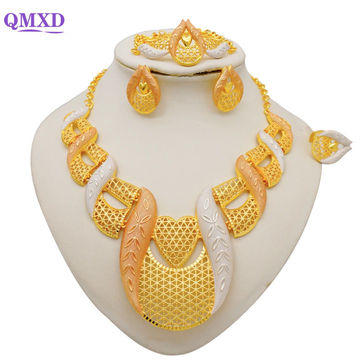 Trendy Nigerian Dubai Gold Color Jewelry Set For Women Tassel Long Chain Bridal Long Necklace Bracelet Earring Ring Wedding Sets