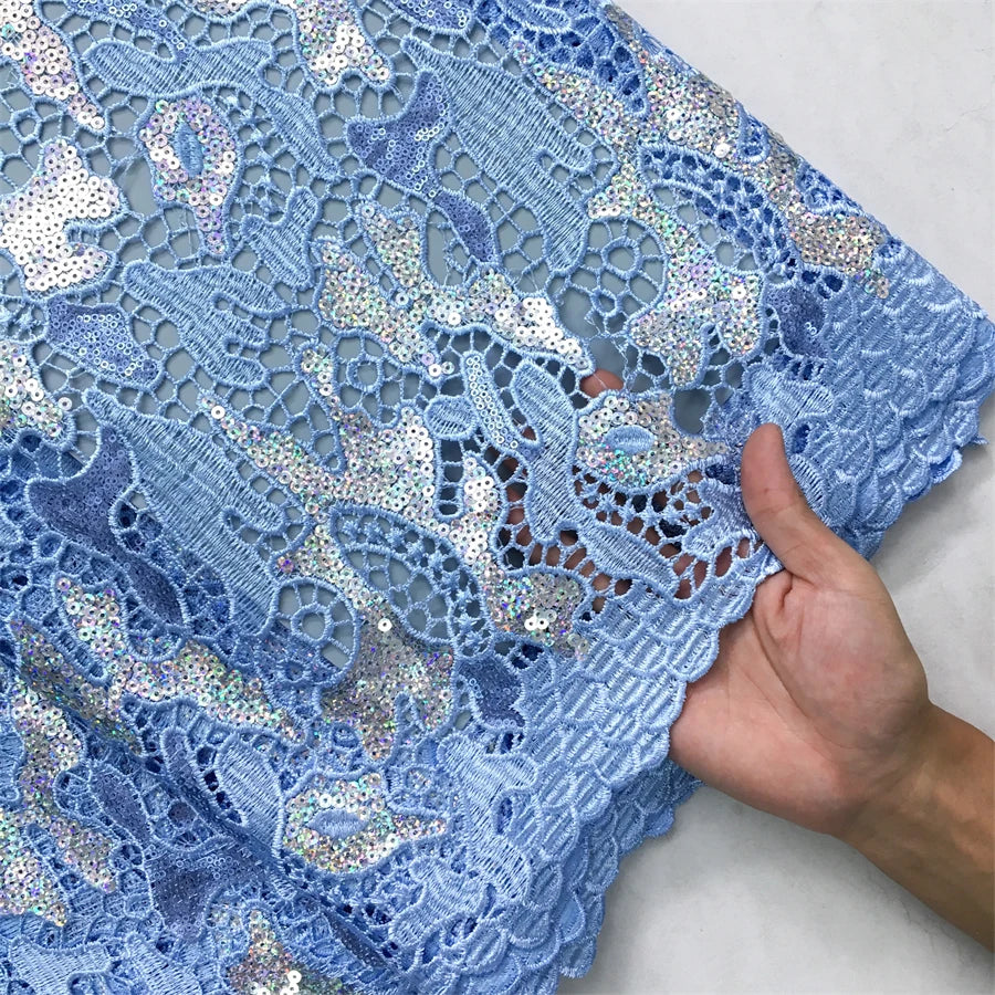 Kalume African Sequins Lace Fabric 2025 High Quality Material Nigerian Guipure Cord Lace Fabric for Party Dress Sewing F4058