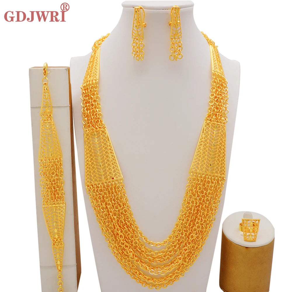 Dubai Gold Color Jewelry Set For Woman Bridal Nigerian African Long Chain Necklace Earrings Bracelet Ring Jewellery Set
