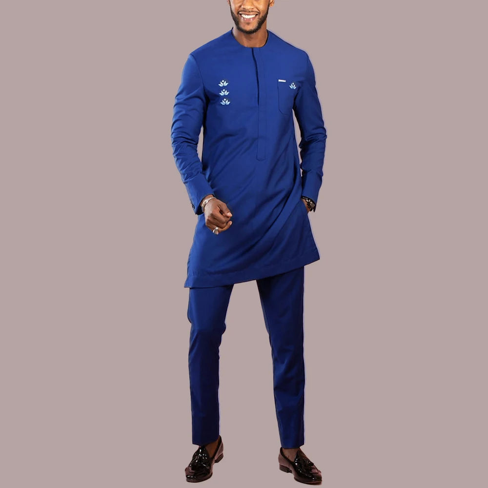 Dashiki Men Clothing 2 Pieces Long Sleeve Outfit African Clothes For Men Solid Color Casual Riche Shirt Pant Full Men‘s Suits