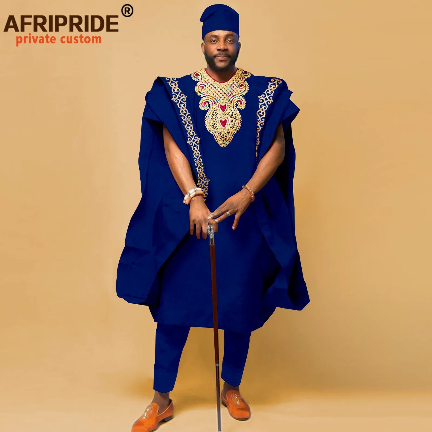 African Men`s Clothing Embroidery Agbada Shirts Pants and Hats 4 Piece Set Traditional Garments for Wedding Evening A2216066