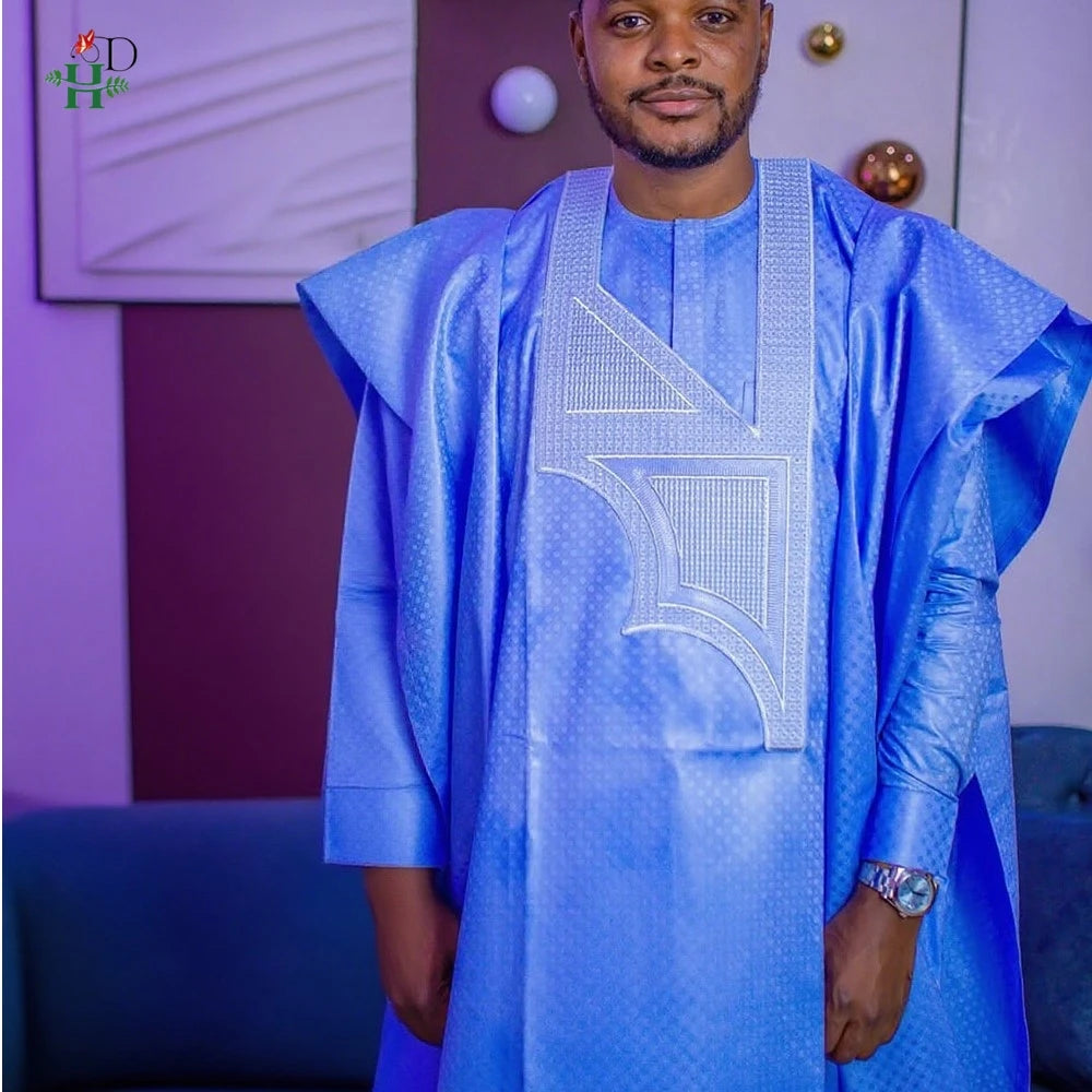 African Clothes Embroidery Blue Gown Plus Size For Men Elegant Party Wedding Thobe 3 PC Top and Pants Suits Set Daily Wear 2025