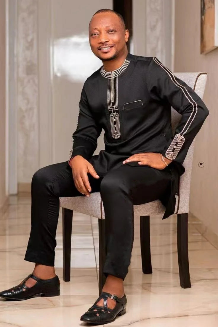 New Men's Tenos Wedding 2-Piece Suit Waist Pants Shirt Solid Color Panel Long Sleeve Party African Ethnic Style Clothing (M-4XL)