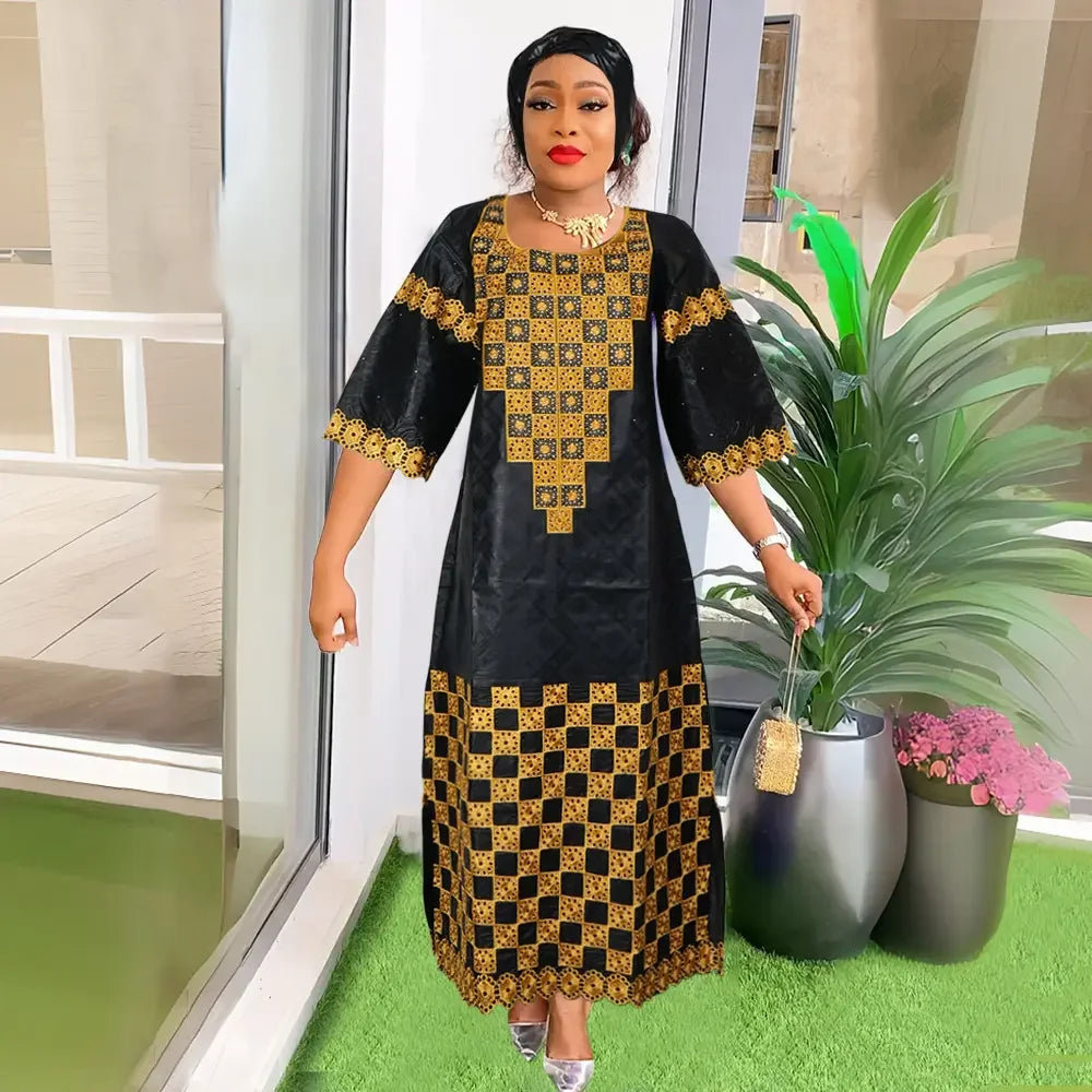 H&D New African Dresses For Women Embroidery Bazin Floral Boho Dresses Ankara Rich Long Robes Tradition Party Wedding Ramadan