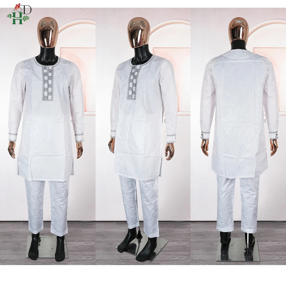 H&D New In African Summer Men's Long Sleeve Suit White Embroidery Dashiki Shirt Pants Sets 3 Pieces Outfits Wedding Party 2025
