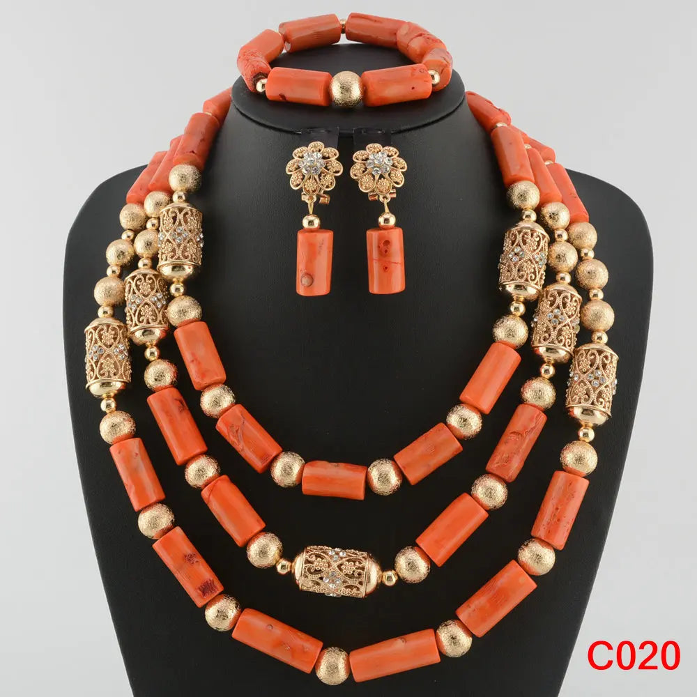 Fashion Nigerian Coral Beads Necklace Earrings Set for Bride New African Wedding Jewelry Set