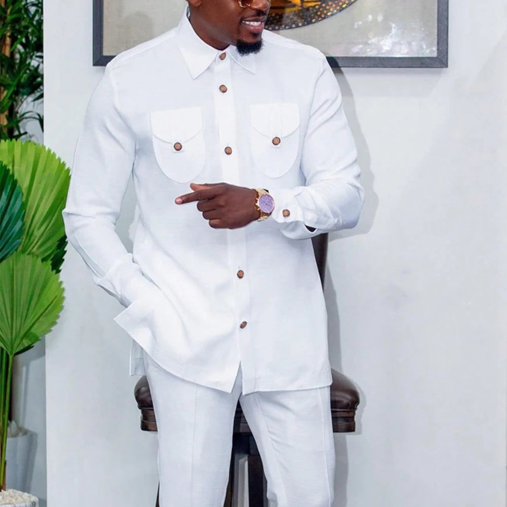 Kaftan Elegant Men's Suit Long Sleeve Ethnic Style Casual EmbroideryTop And Pants 2PCS Sets African Fashion Traditional Outfits