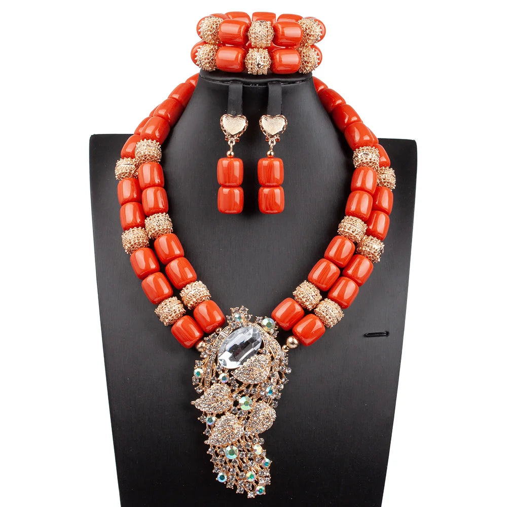 Long Fashion Wedding Beads Necklace White Artificial Coral Bridal Jewelry Sets African Beads Jewelry Set  ABK261