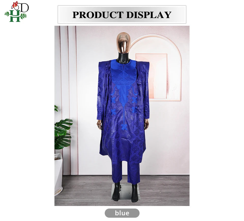 H&D African Clothing Traditional 3PCS African Outfit For Man Blue Bazin Riche Agbada Embroidered Wedding Party Robe Plus Size