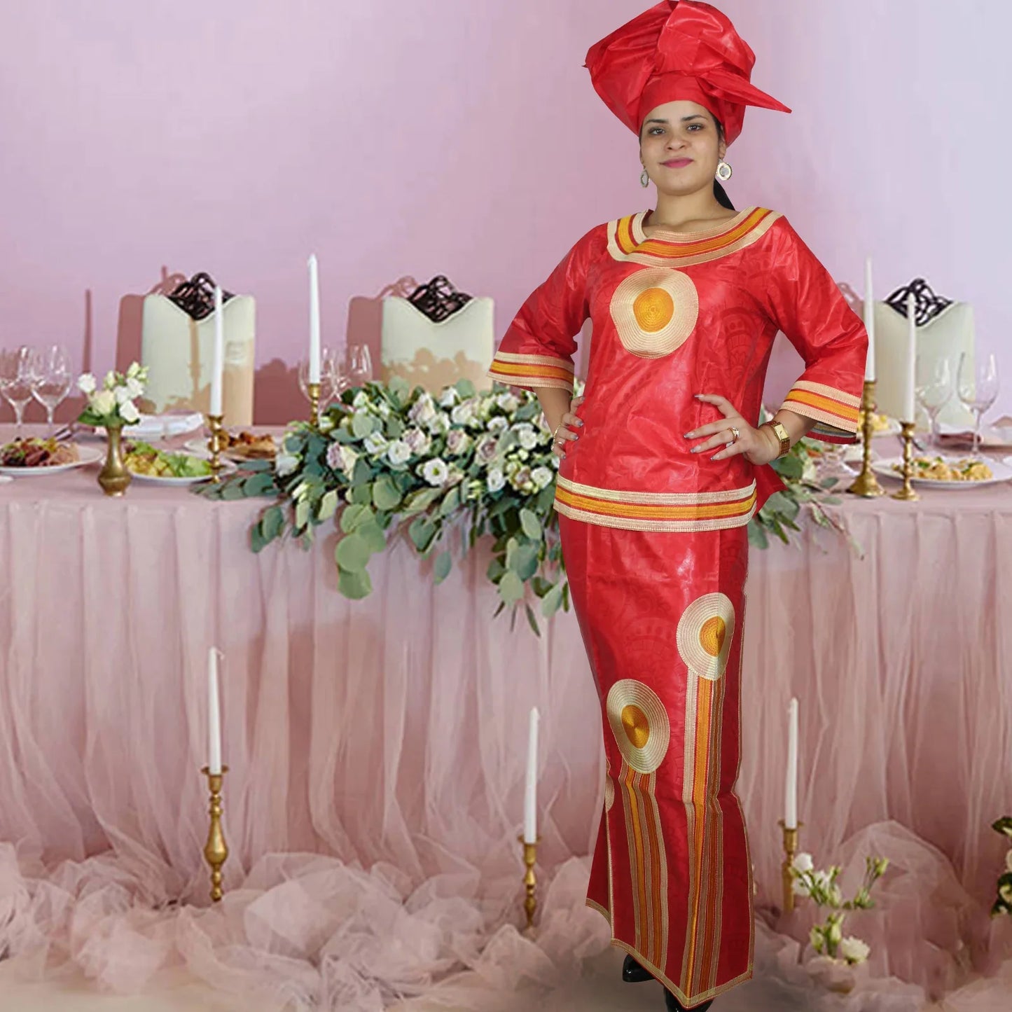 African Attire For Women Bazin Riche Embroidery Plus Size Elegant Party Church Dress