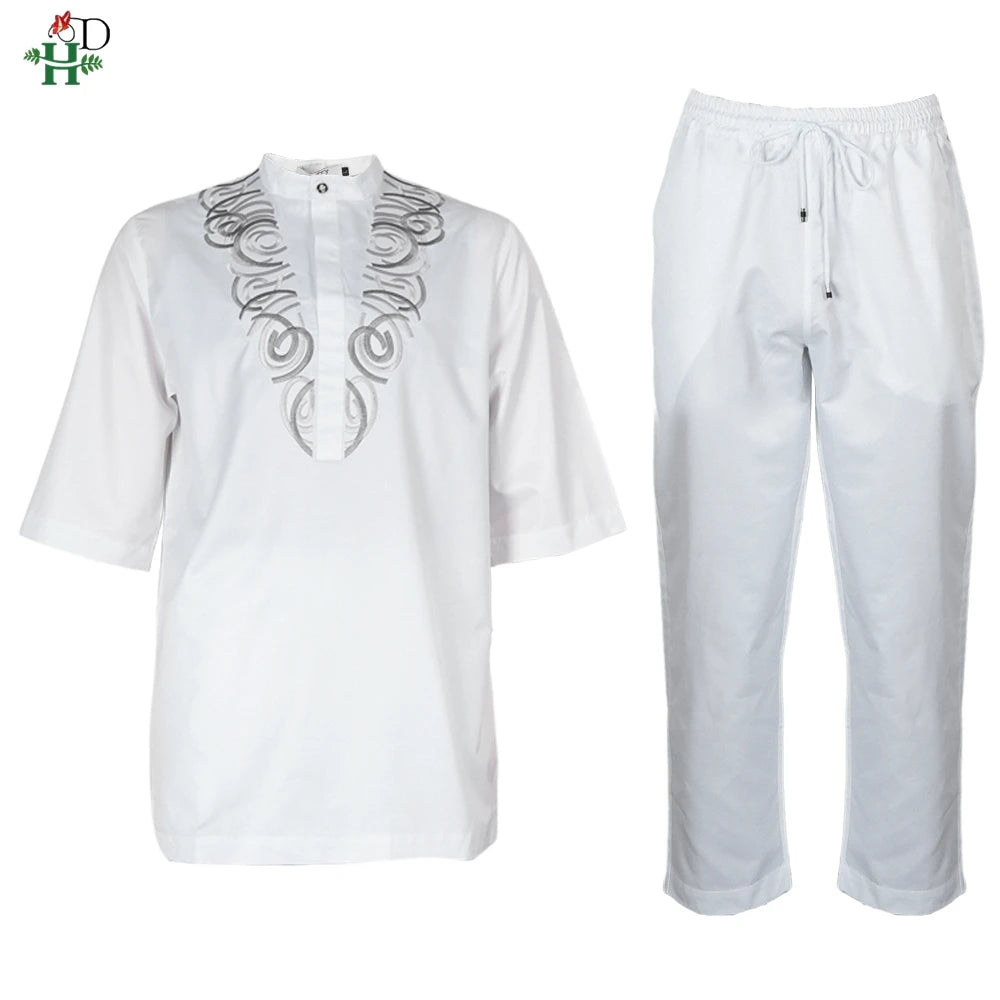 H&D African White Top And Pant 2 PCS Sets For Men Embroidery Work Wear Thobe Traditional Wedding Party Suits Plus Size Clothes