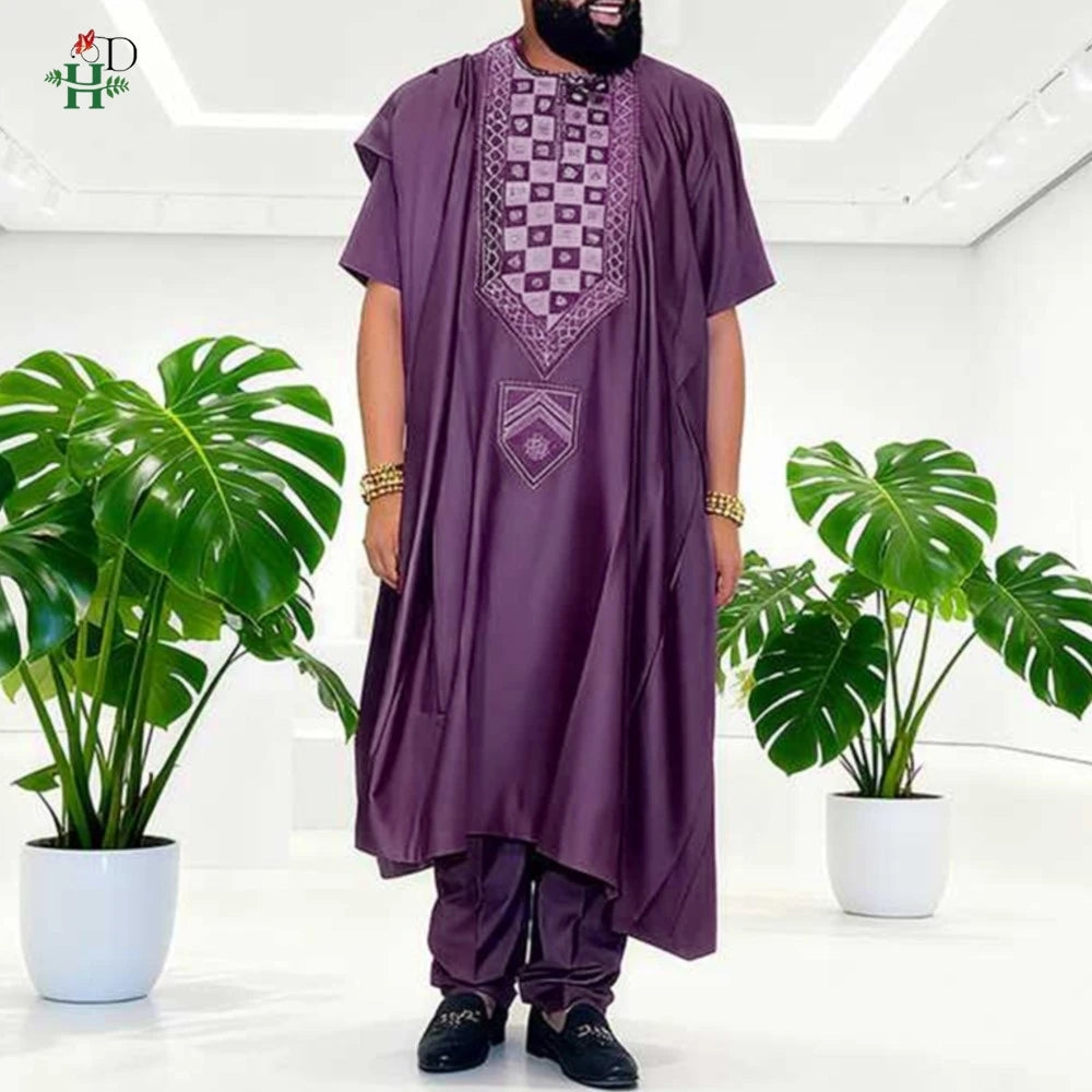 H&D African For Men Traditional 3PCS Outfit Thobe Set Purple Agbada Embroidered Robe Plus Size Wedding Christmas BouBou Ramadan