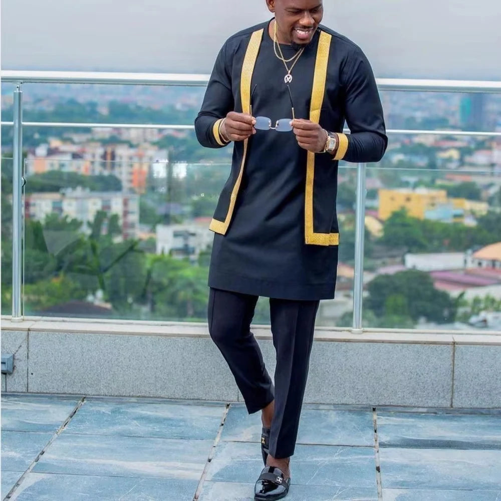 2024 African Youth Stand Collar Slim Fit Brown Ordinary Spring And Autumn Casual Shirt Dashiki Suit Muslim Suit Rich Bazin