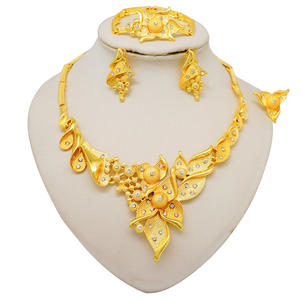 Nigeria Dubai Gold Color Fine Flowers Jewelry Sets African Wedding Gifts Party For Women Bracelet Necklace Earrings Ring Set