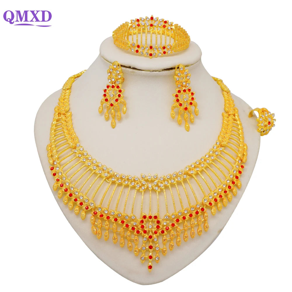 Trendy Nigerian Dubai Gold Color Jewelry Set For Women Tassel Long Chain Bridal Long Necklace Bracelet Earring Ring Wedding Sets